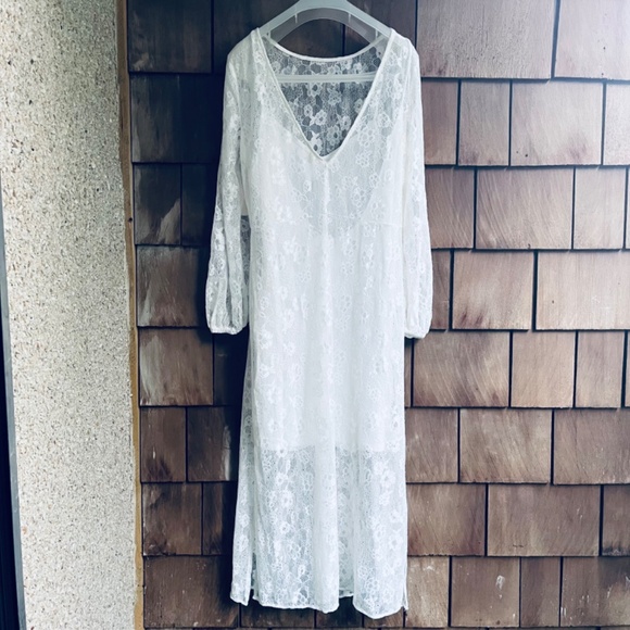 Open Edit Sheer Lace Long Sleeve Maxi Ivory Dress - Picture 12 of 16